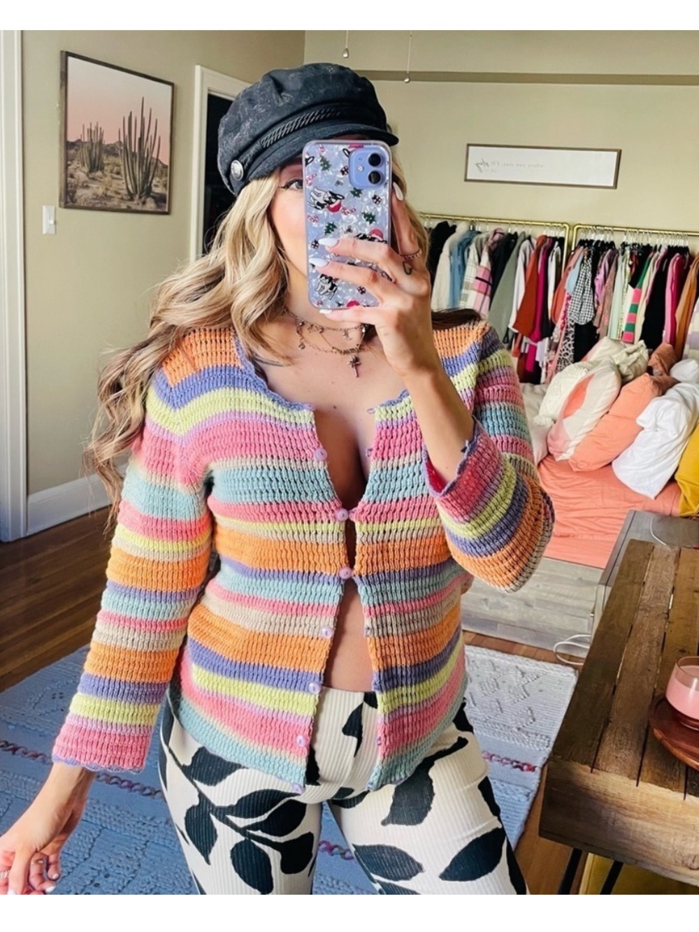 Vintage 90s Pastel Rainbow Striped Knit Cardigan Sweater
